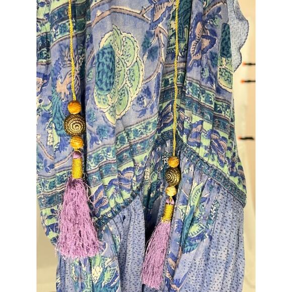 BELL by ALICIA BELL Sz XS Blue Print Ruffled Armhole Tasseled Maxi Dress - Picture 10 of 10